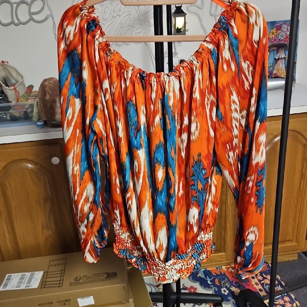 Michael Kors Orange Blue White Printed Off-Shoulder Blouse